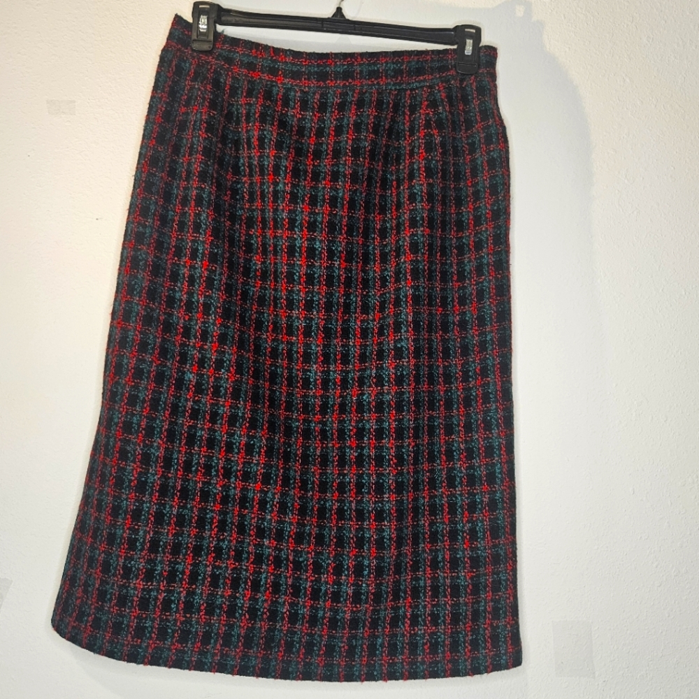 Vintage Womens Festive Plaid Wool-? Skirt Sz 18 Pencil Midi High Waist Holiday